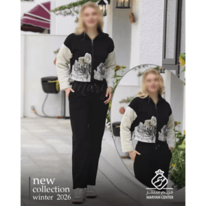 بجامة فوتر بأكمام طويلة وسحاب للنساء لون اسود