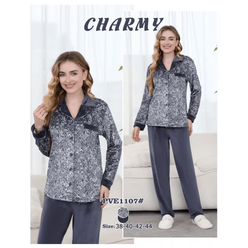 بجامة مخمل بأزرار من CHARMY للنساء لون ازرق بترولي