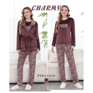 بجامة مخمل بأزرار من CHARMY للنساء لون بني فاتح