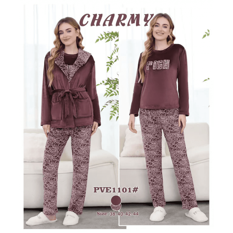 بجامة مخمل بأزرار من CHARMY للنساء لون بني فاتح