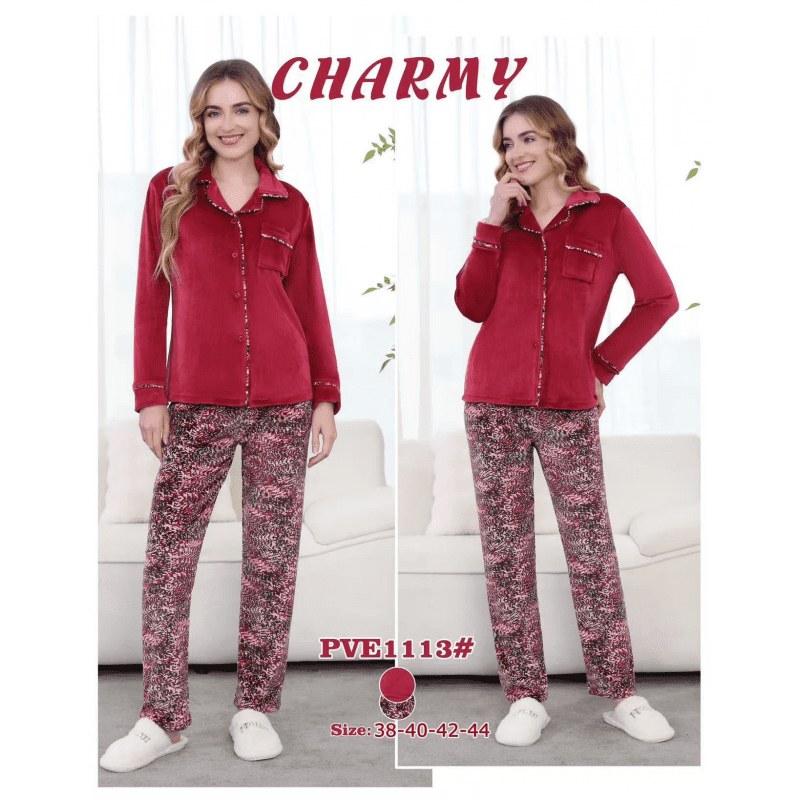 بجامة مخمل بأزرار من CHARMY للنساء لون خمري