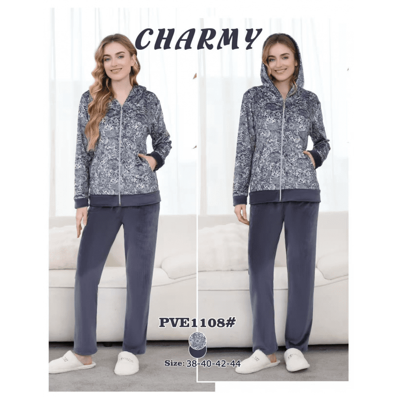 بجامة مخمل بطاقية من CHARMY للنساء لون ازرق بترولي