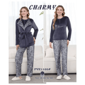 بجامة مخمل ثلاث قطع من CHARMY للنساء لون ازرق بترولي