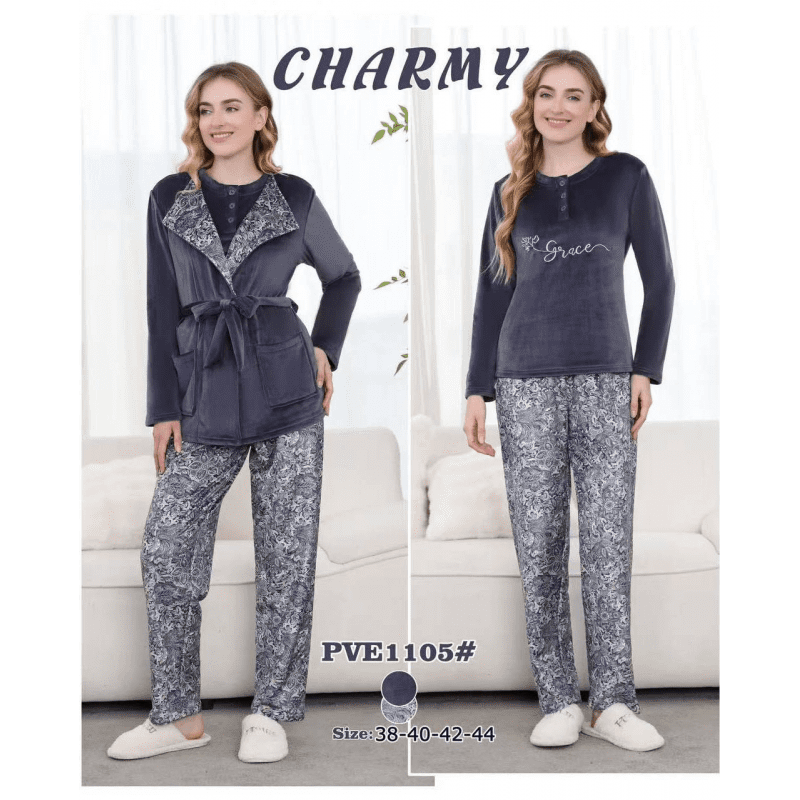 بجامة مخمل ثلاث قطع من CHARMY للنساء لون ازرق بترولي
