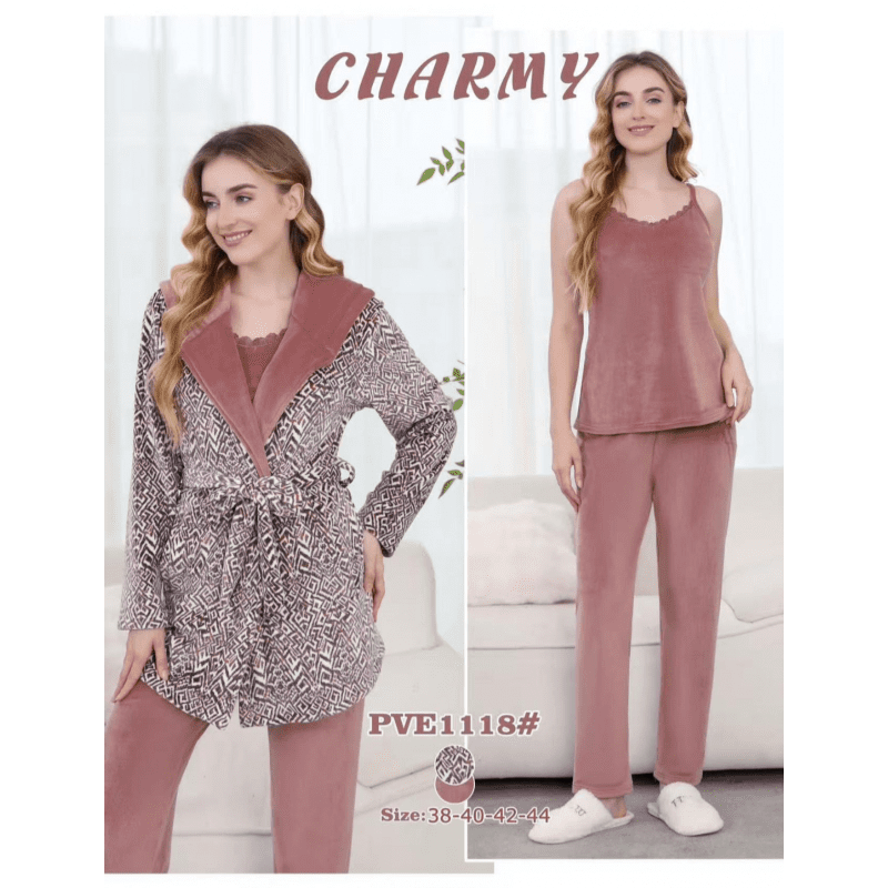 بجامة مخمل ثلاث قطع من CHARMY للنساء لون زهري فاتح