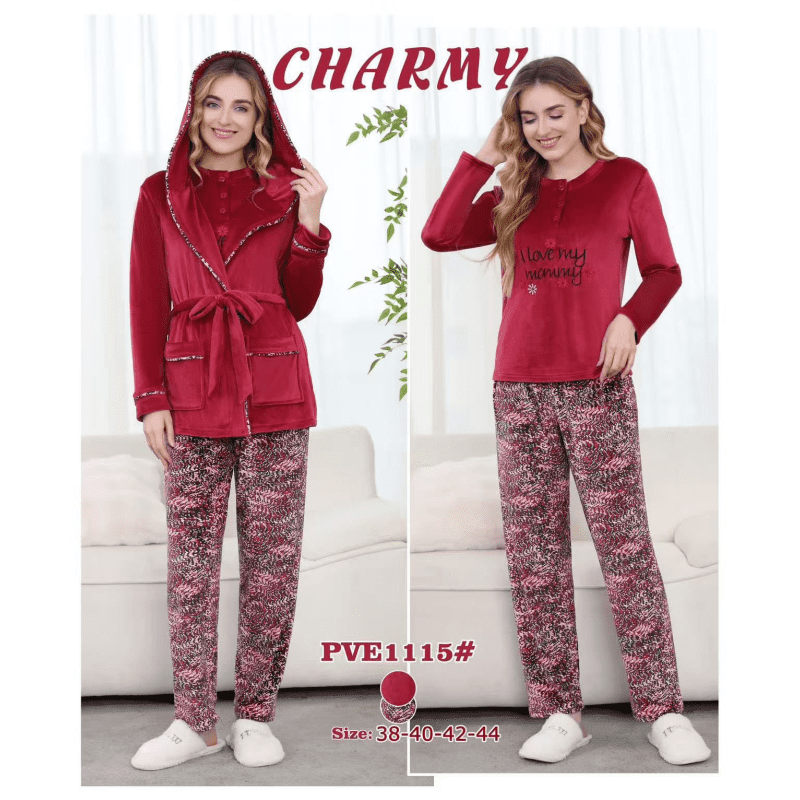 بجامة مخمل ثلاث قطع بسحاب من CHARMY للنساء لون أحمر