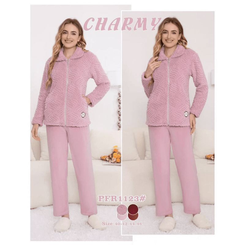 بجامة مخمل قطعتين بسحاب من CHARMY للنساء لون زهري فاتح