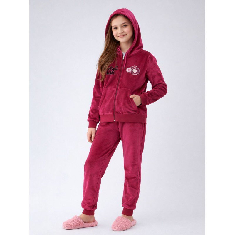 بجامة مخمل قطعتين بسحاب وطاقية بناتي لون أخضر فيروزي