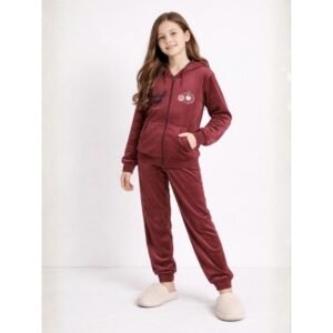 بجامة مخمل قطعتين بسحاب وطاقية بناتي لون مشمشي