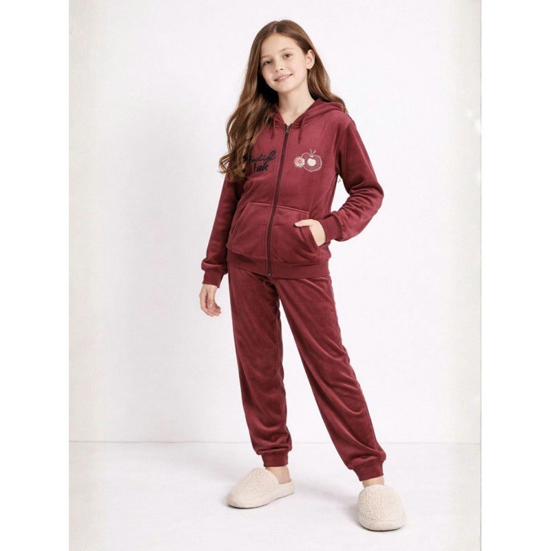 بجامة مخمل قطعتين بسحاب وطاقية بناتي لون مشمشي