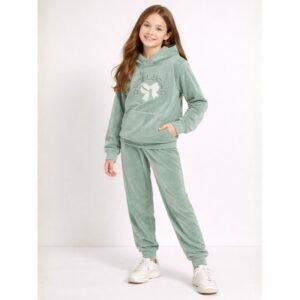 بجامة مخمل قطعتين بطاقية بناتي لون أخضر فيروزي