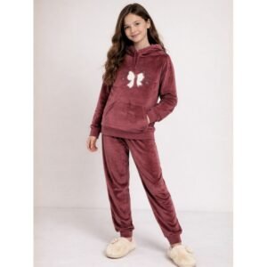 بجامة مخمل قطعتين بطاقية بناتي لون خمري