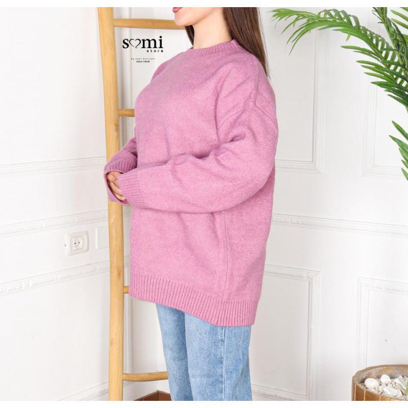 بلوزة صوف بأكمام طويلة وقبة دائرية One Size للنساء لون فوشي