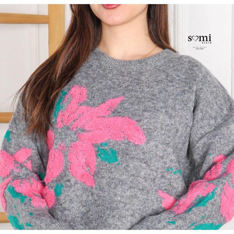 بلوزة صوف بتصميم رسومات ستاتي لون سكني