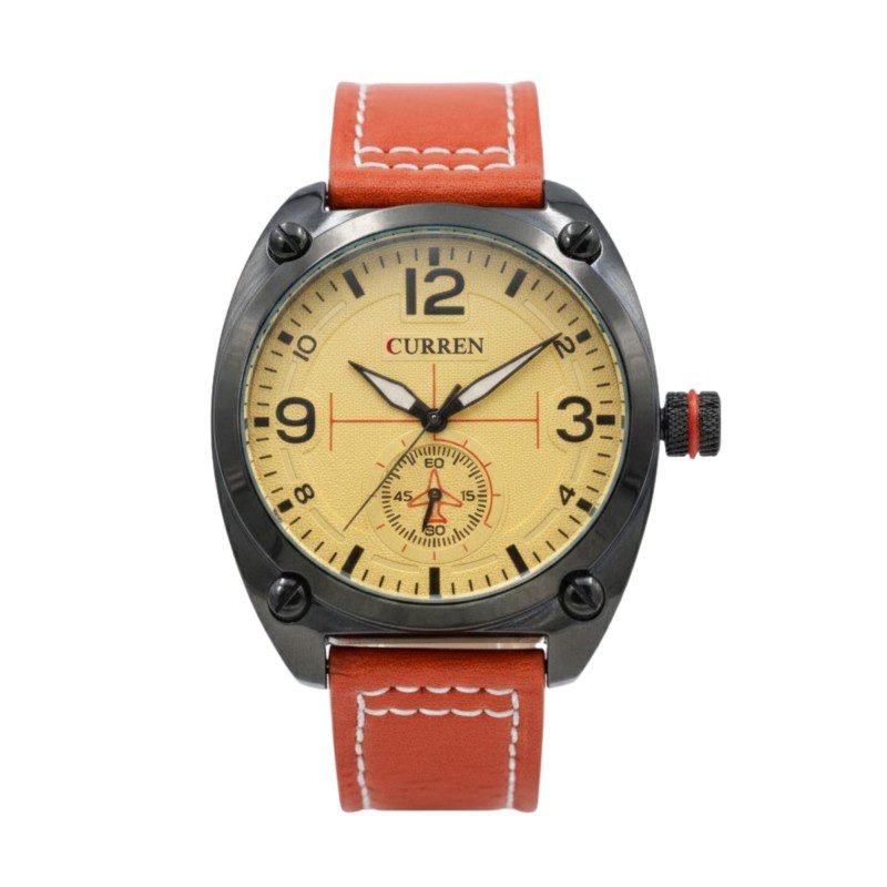 ساعه يد شبابيه جلد لون عسلي مع ارضيه ابيض