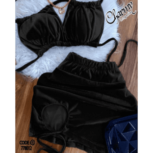 طقم لانجري مخمل صدرية مع تنوره للنساء لون اسود