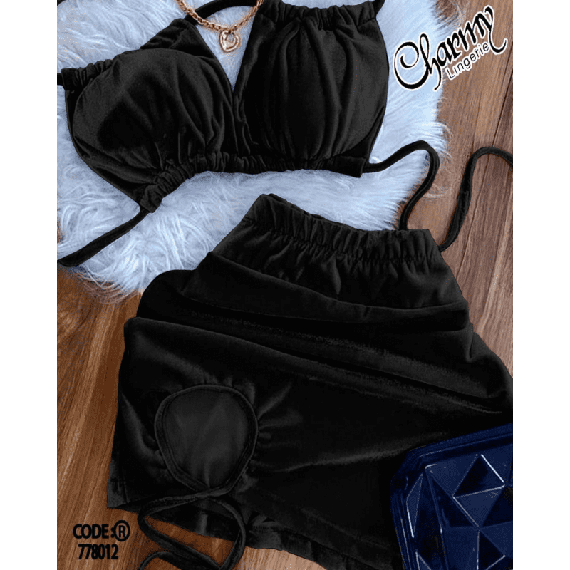 طقم لانجري مخمل صدرية مع تنوره للنساء لون اسود