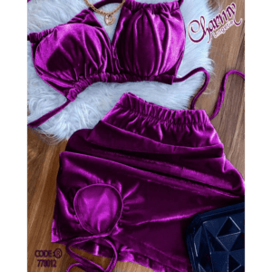 طقم لانجري مخمل صدرية مع تنوره للنساء لون بنفسجي غامق