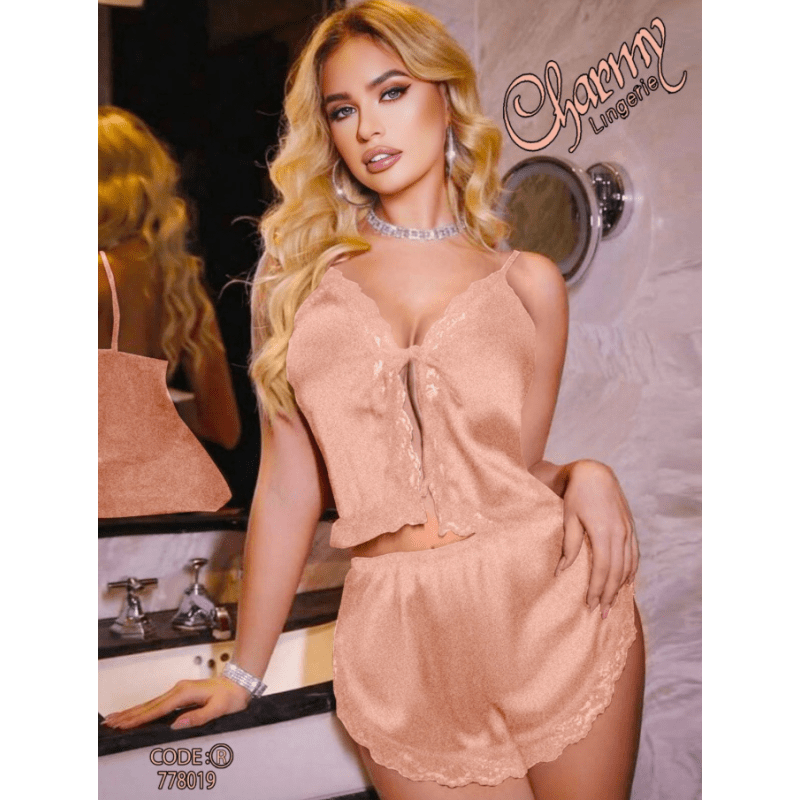 طقم لانجري مخمل قطعتين لون مشمشي