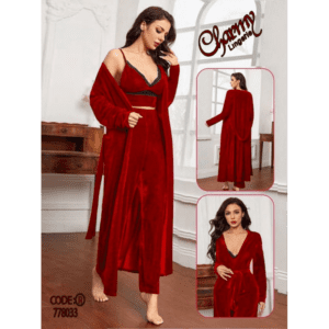 طقم لانجري مخمل ملوكي ثلاث قطع للنساء لون أحمر