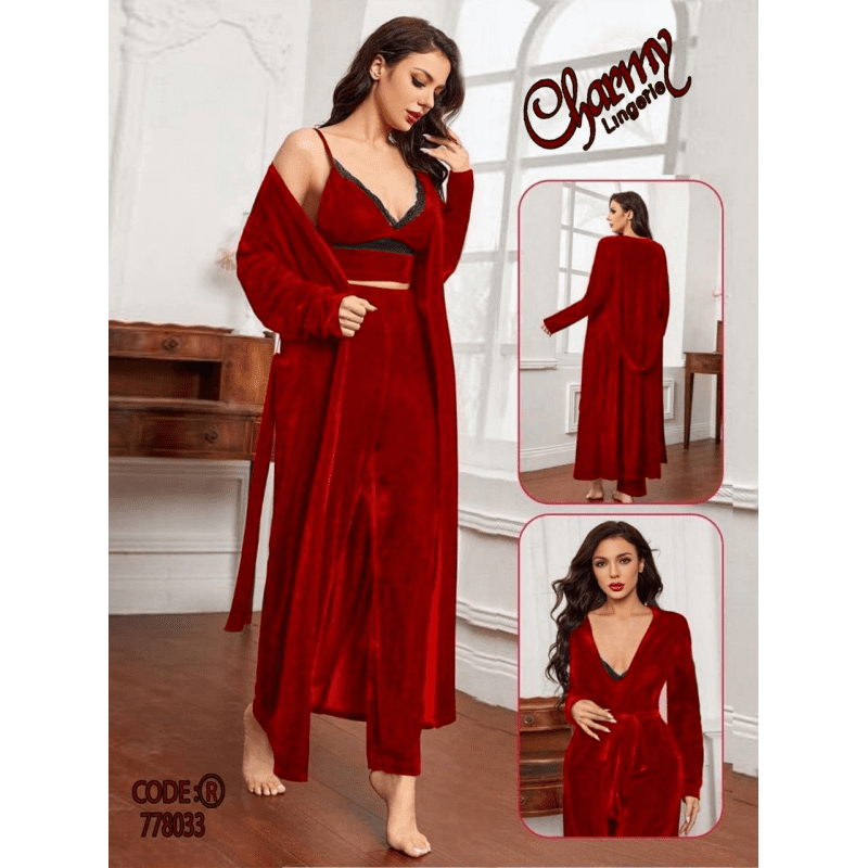 طقم لانجري مخمل ملوكي ثلاث قطع للنساء لون أحمر