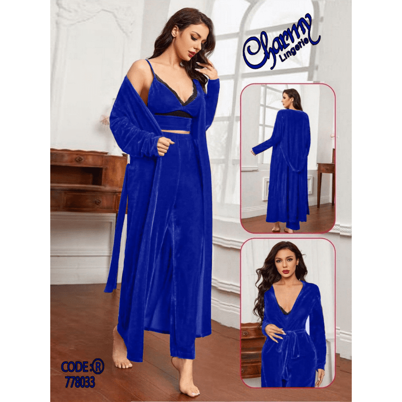 طقم لانجري مخمل ملوكي ثلاث قطع للنساء لون أزرق