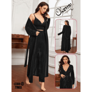 طقم لانجري مخمل ملوكي ثلاث قطع للنساء لون أسود