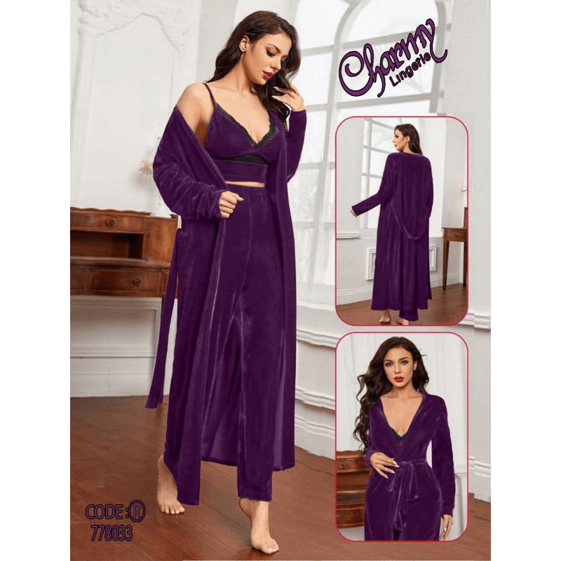 طقم لانجري مخمل ملوكي ثلاث قطع للنساء لون بنفسجي