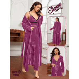 طقم لانجري مخمل ملوكي ثلاث قطع للنساء لون زهري