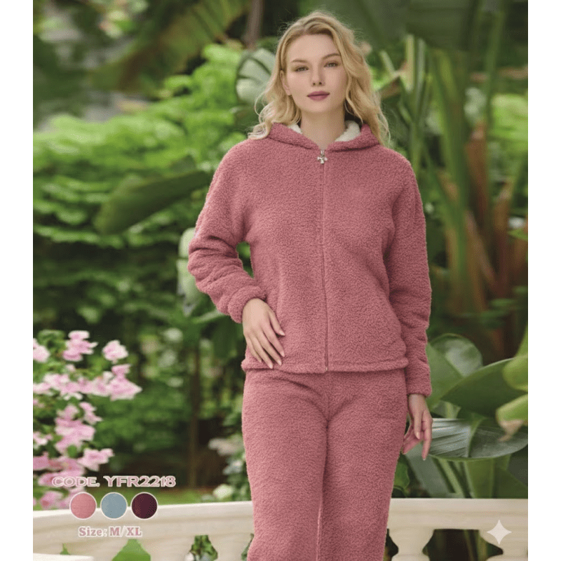 بجامة فرو نسائية بسحاب لون زهري