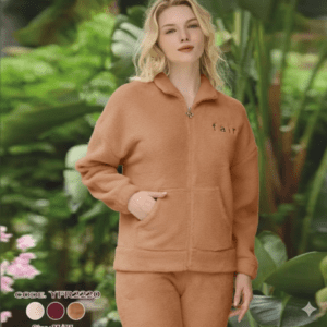 بجامة فرو نسائية قطعتين بسحاب لون كرميدي فاتح