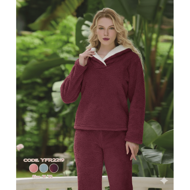 بجامة فرو نسائية قطعتين لون خمري