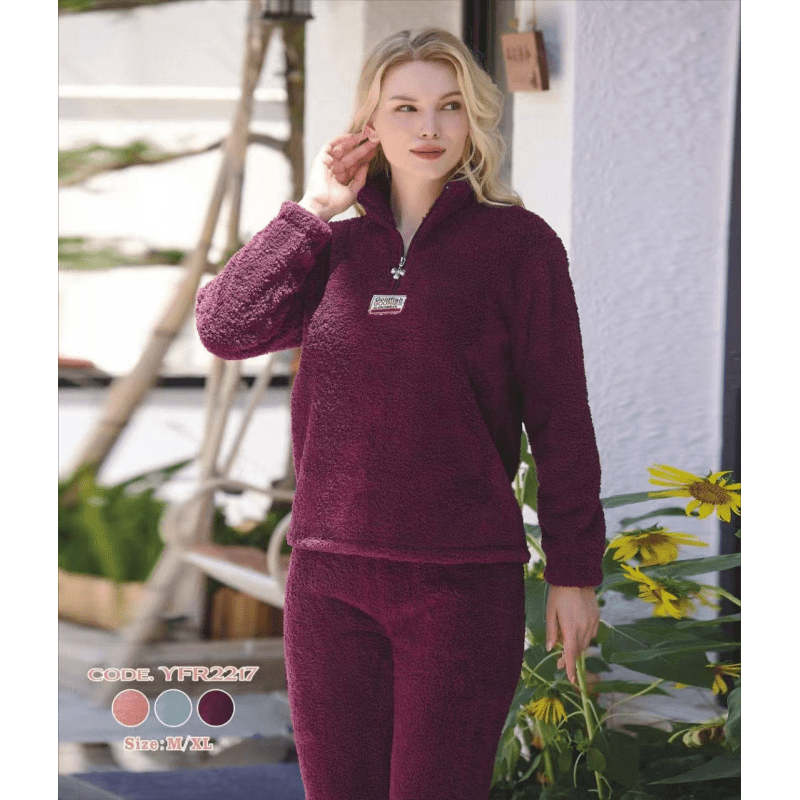 بجامة فرو نسائية قطعتين لون خمري