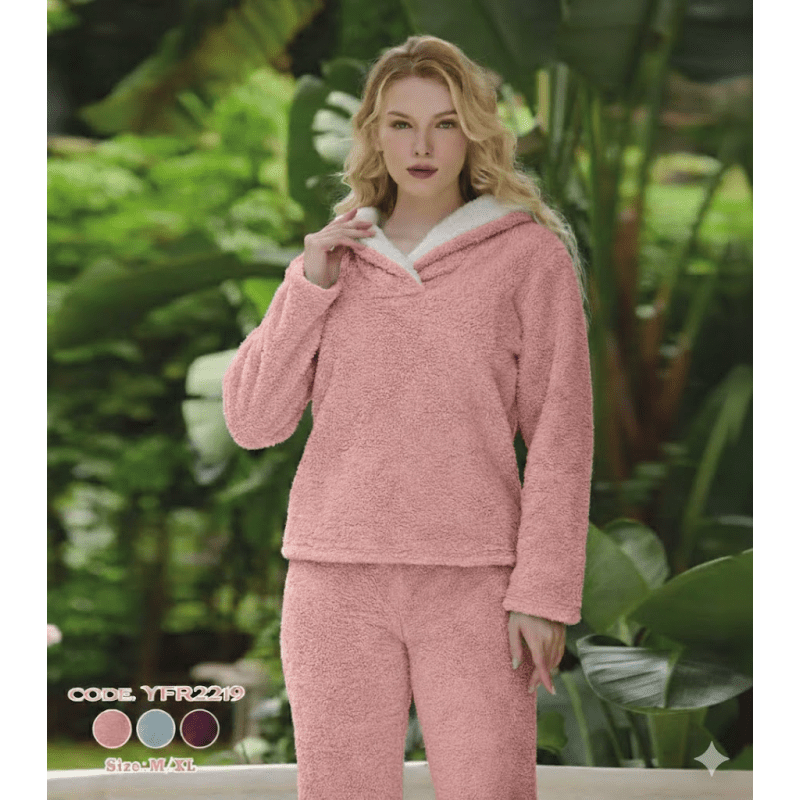 بجامة فرو نسائية قطعتين لون زهري