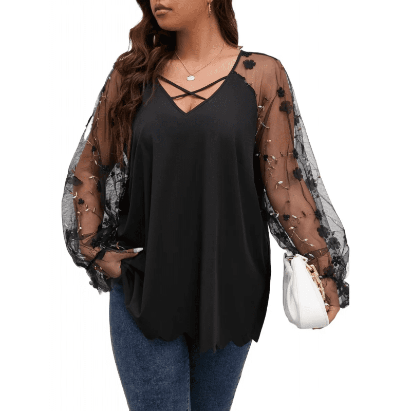 بلوزة ستاتي بأكمام شفافة لون اسود