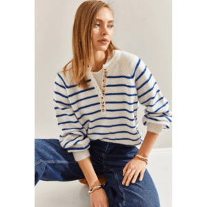 بلوزة ستاتي شتوي أبيض مخطط أزرق