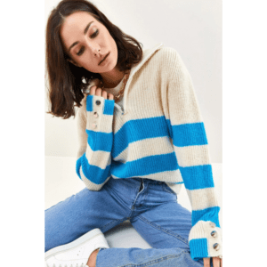 بلوزة ستاتي لون بيج وأزرق