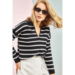 بلوزة ستاتي مخطط أسود وأبيض