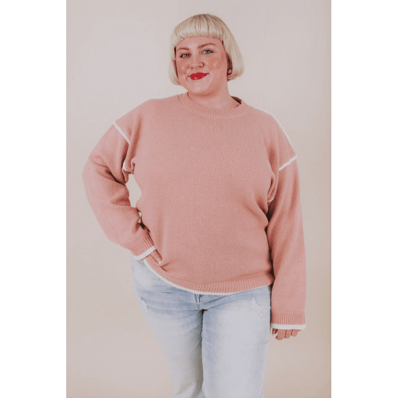 بلوزة صوف اوفر سايز بأكمام طويلة للنساء لون زهري