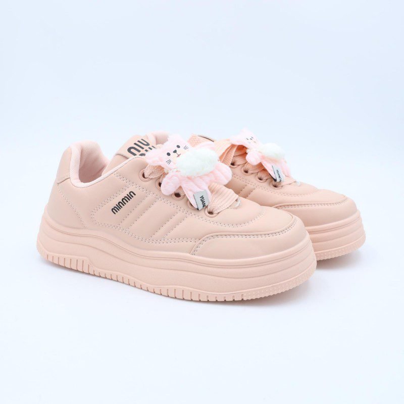 بوت رياضي جلد نعل عريض للنساء لون زهري