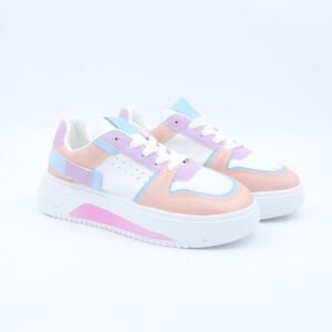 بوت ستاتي جلد لون ابيض وزهري وازرق ونعل ابيض