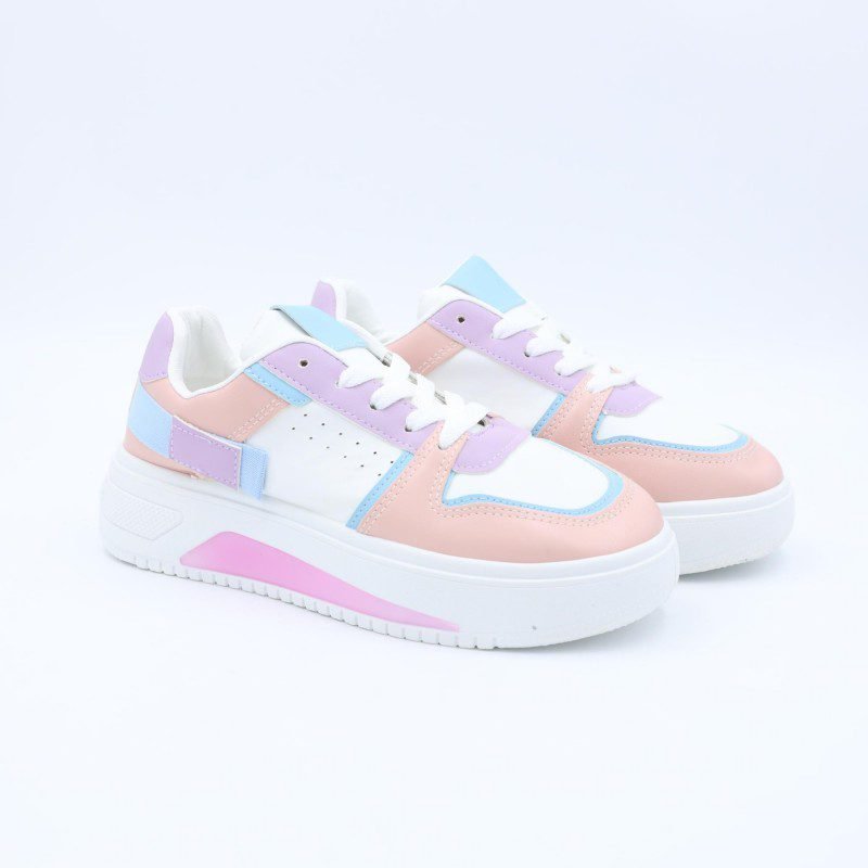 بوت ستاتي جلد لون ابيض وزهري وازرق ونعل ابيض