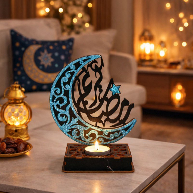 تحفة خشبية ازرق واسود رمضان كريم مع قاعدة للشمع طول 15 سم