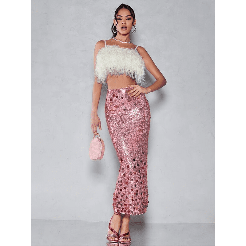 تنورة ستاتي طويلة لون زهري مع سترتس لامع