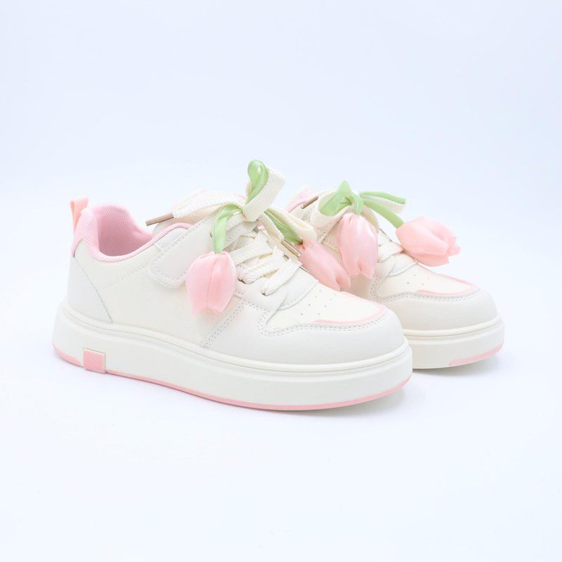 حذاء رياضي للأطفال لون بيج وزهري