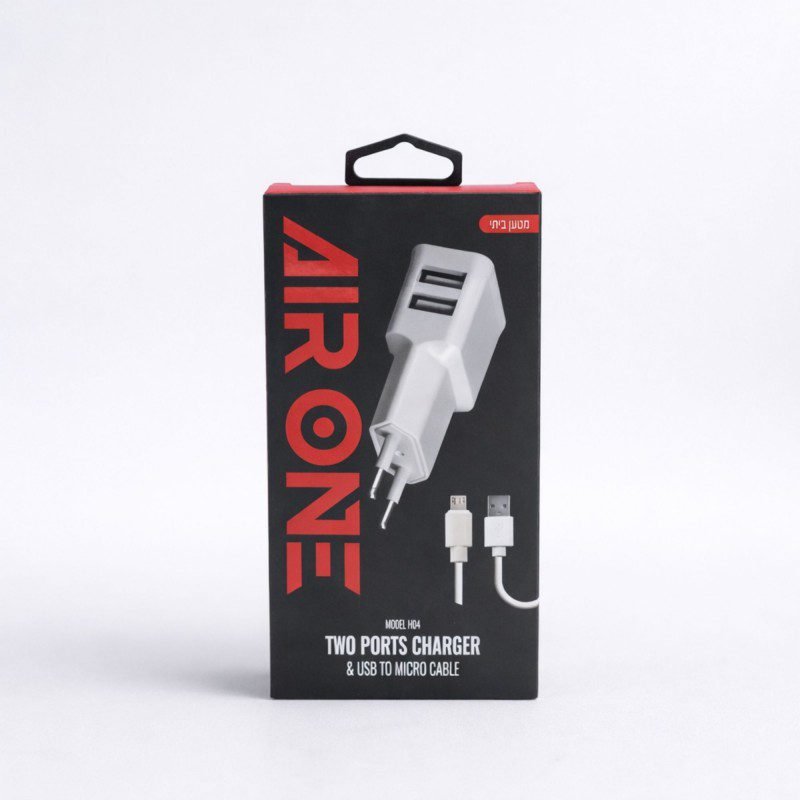 شاحن بمنفذين يو اس بي مع كابل 1.5 م منفذ ميكرو من اير ون لون أبيض-AIR ONE USB Charger 12W 1.5M Cable micro