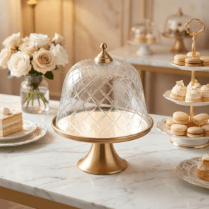 صحن كيك بقاعدة مع غطاء زجاج دائري CHATEAU MATT GOLD – 28×28×35 سم