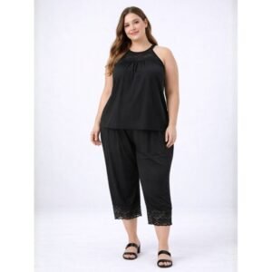 بجامه ستاتي قطعتين بلوزه كت وبنطلون لون اسود