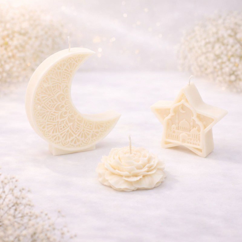 طقم شموع معطر برائحه البيت العربي بتصميم خاص بشهر رمضان مكون من تلات قطع هلال ونجمه وورده لون ابيض