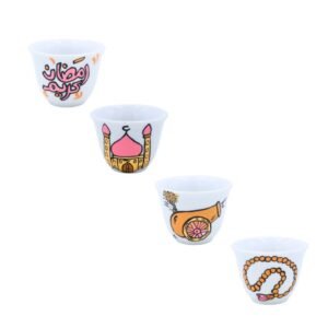 طقم فناجين ساده بتصميم رمضاني لون ابيض مكون من اربع قطع ( رسم يدوي )